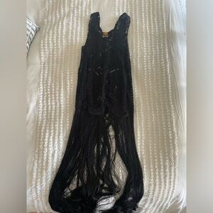 Boho Beach Coverup or Festival Outfit in black lace with black fringe